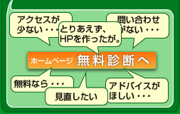 とりあえずＨＰを作ったが、アクセスや問い合わせが少ない・・。見直したい方、アドバイスがほしい方は、ホームページの無料診断へ